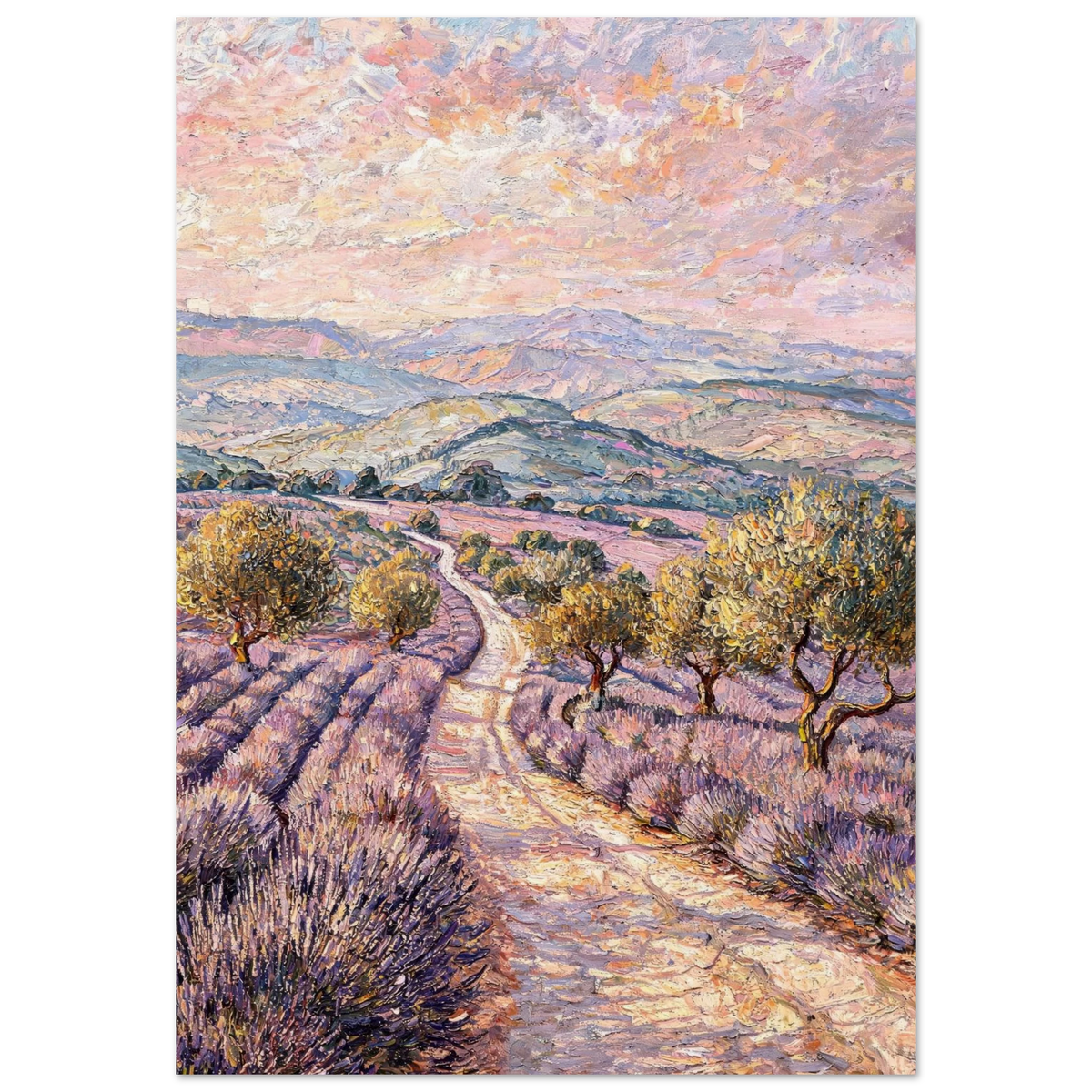 A vertical landscape painting of a winding dirt path through a lavender field with olive trees and distant mountains under a pastel pink and blue sky.