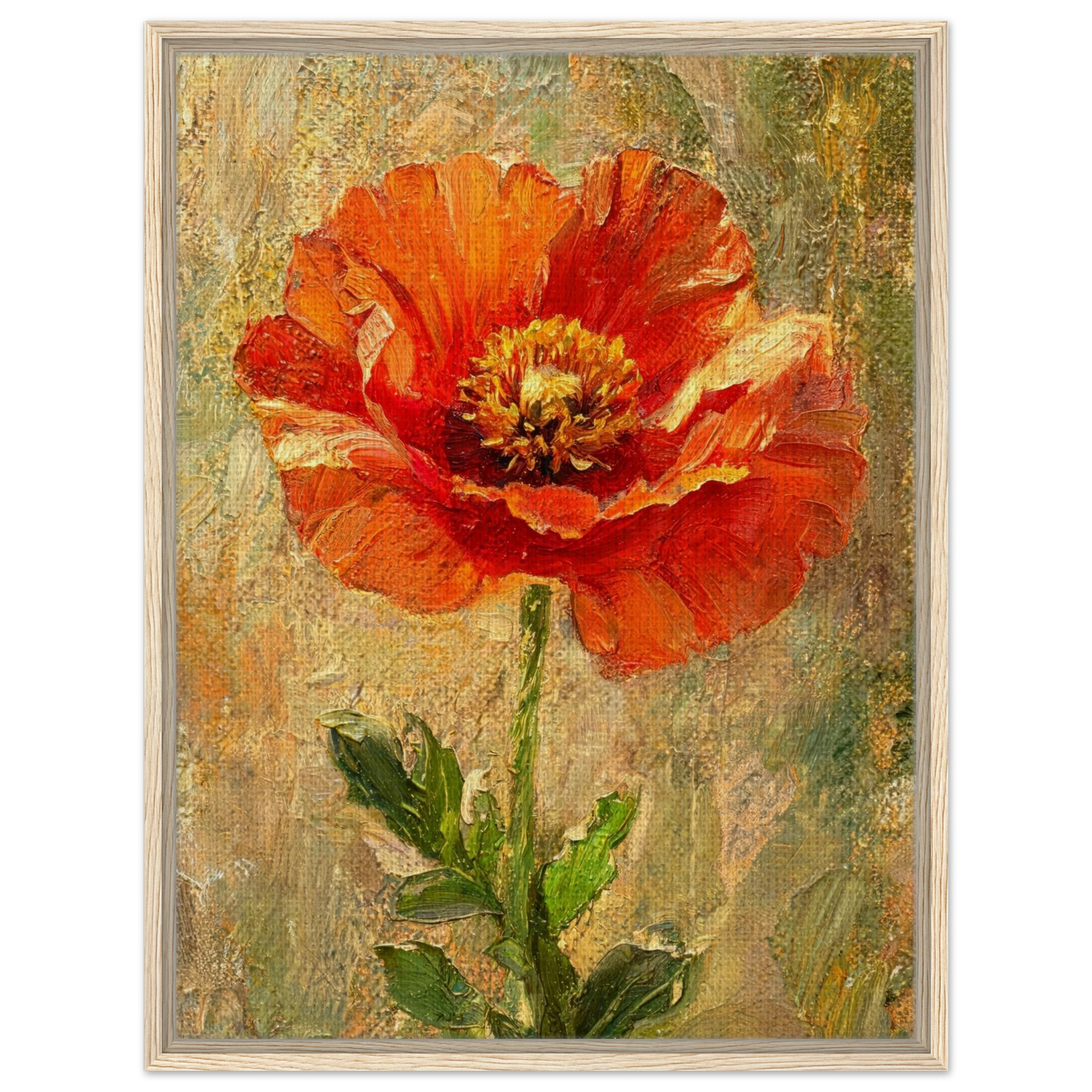 Framed oil painting of a vibrant red-orange poppy flower with green leaves on a textured beige and green background, set in a light wood frame.