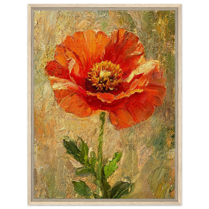 Framed oil painting of a vibrant red-orange poppy flower with green leaves on a textured beige and green background, set in a light wood frame.