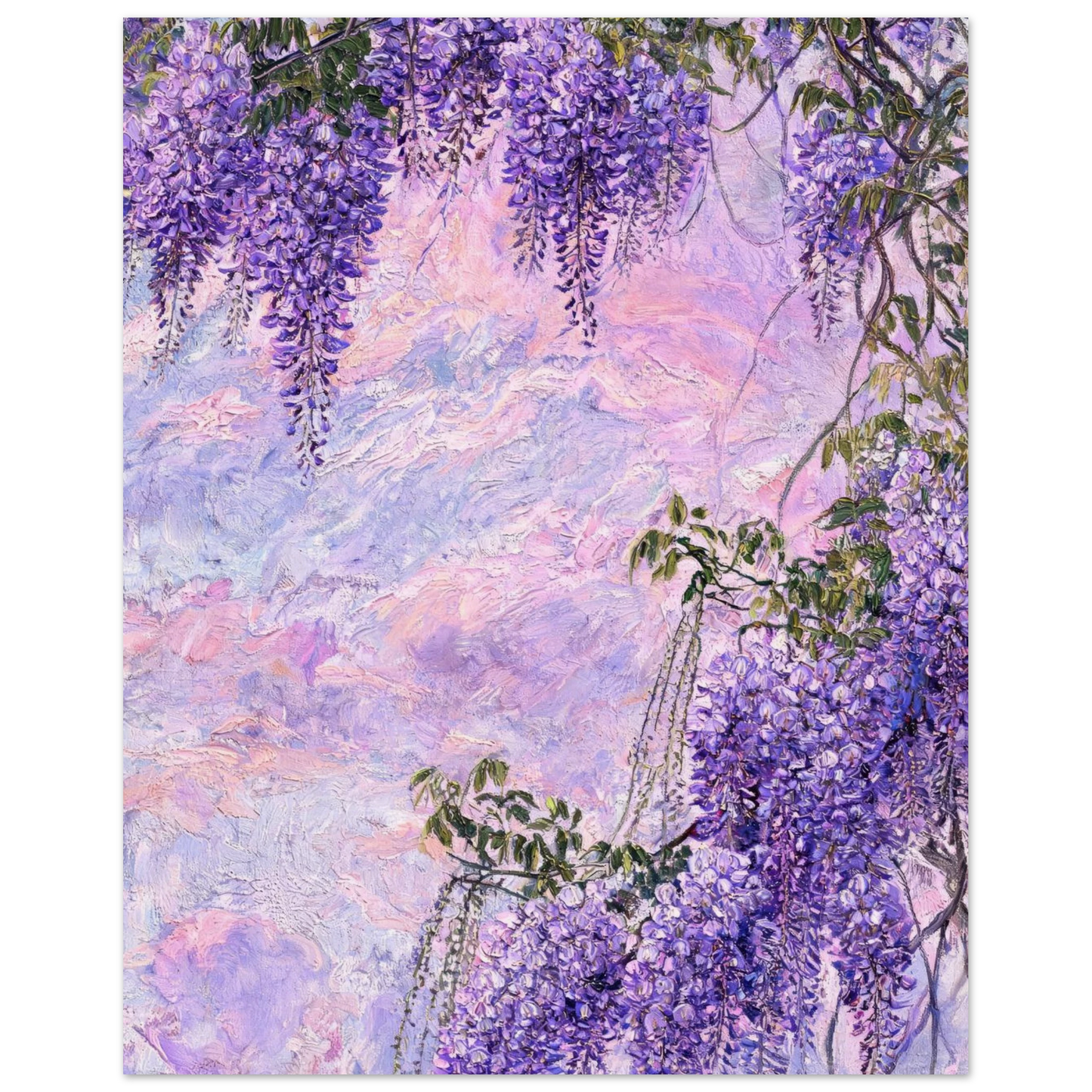 Fine art print of an impressionist painting featuring cascading purple wisteria flowers against a soft pastel sky.