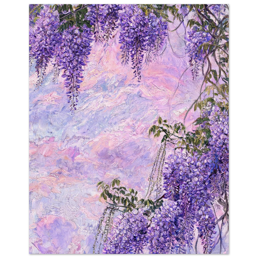 Fine art print of an impressionist painting featuring cascading purple wisteria flowers against a soft pastel sky.