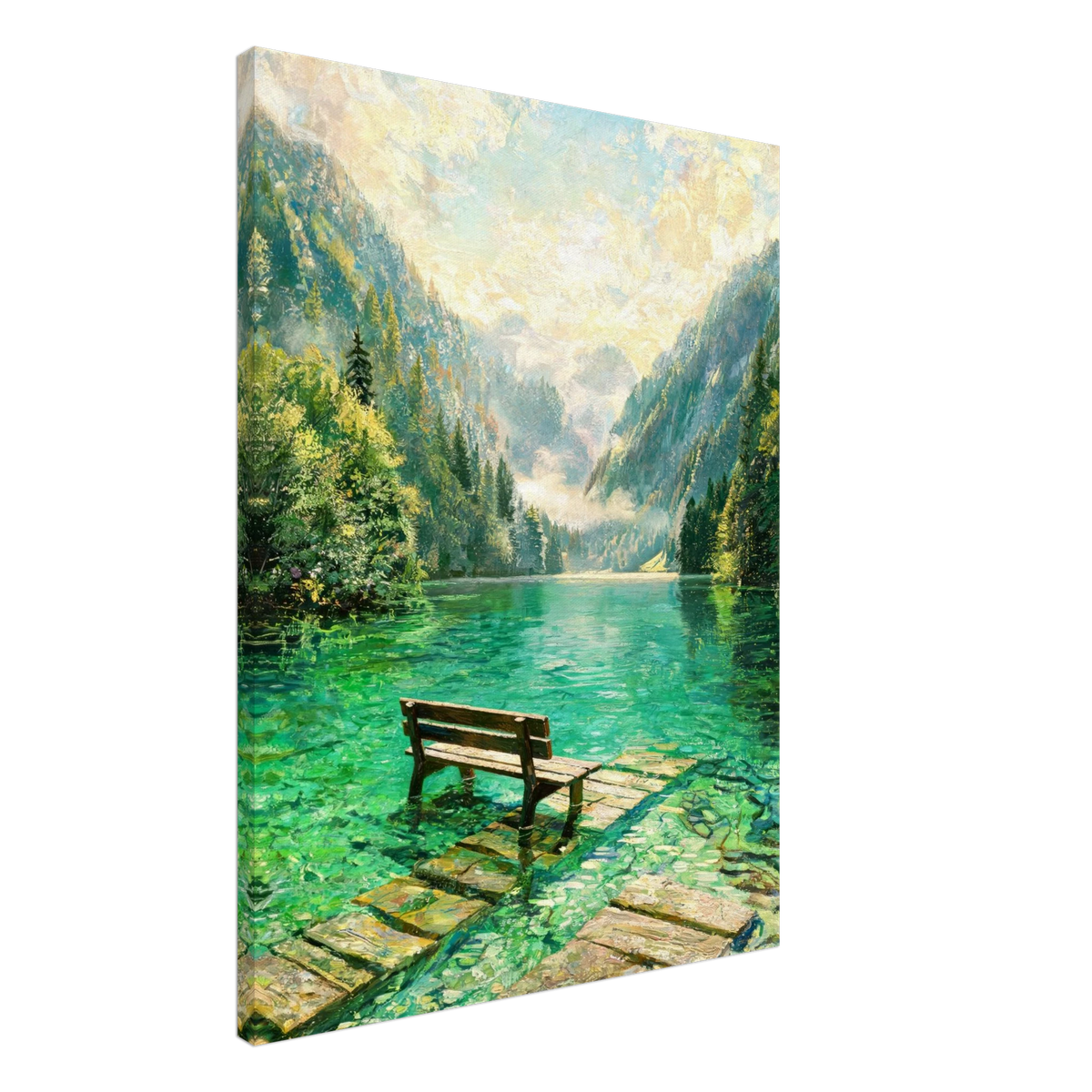 A vertical canvas wall art print depicting a scenic mountain lake with a wooden bench on a stone dock, shown at a three-quarter angle against a white background.