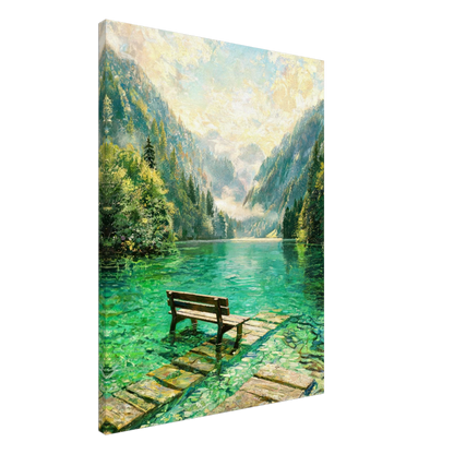 A vertical canvas wall art print depicting a scenic mountain lake with a wooden bench on a stone dock, shown at a three-quarter angle against a white background.