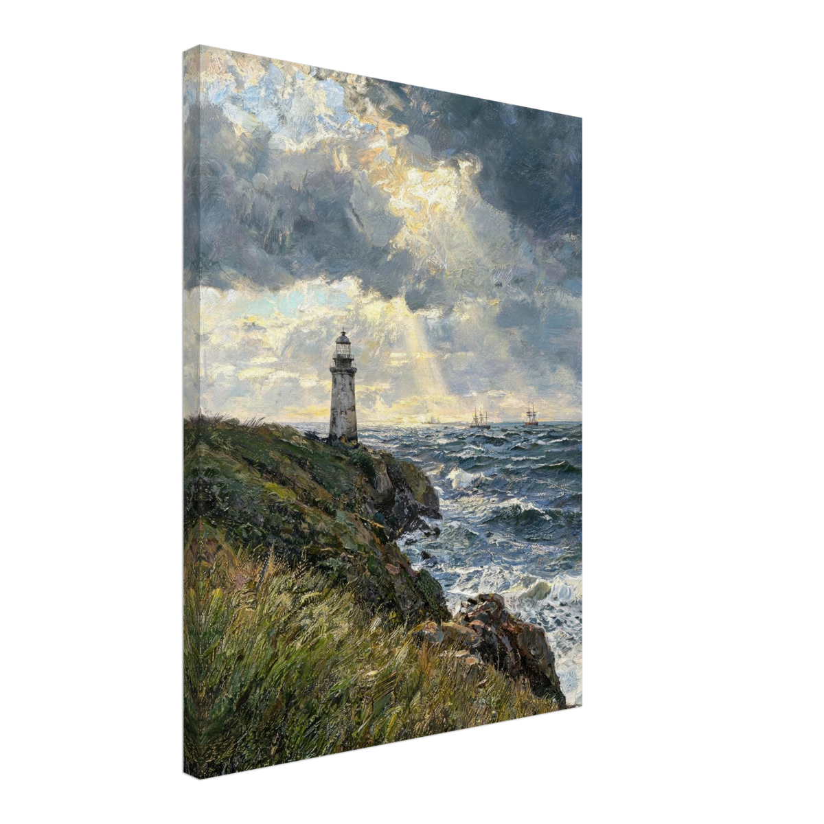 A vertical canvas wall art print depicting a dramatic coastal seascape with a lighthouse on a grassy cliff, stormy clouds, and sun rays over churning blue-gray waves, shown at a slight angle on a white background.