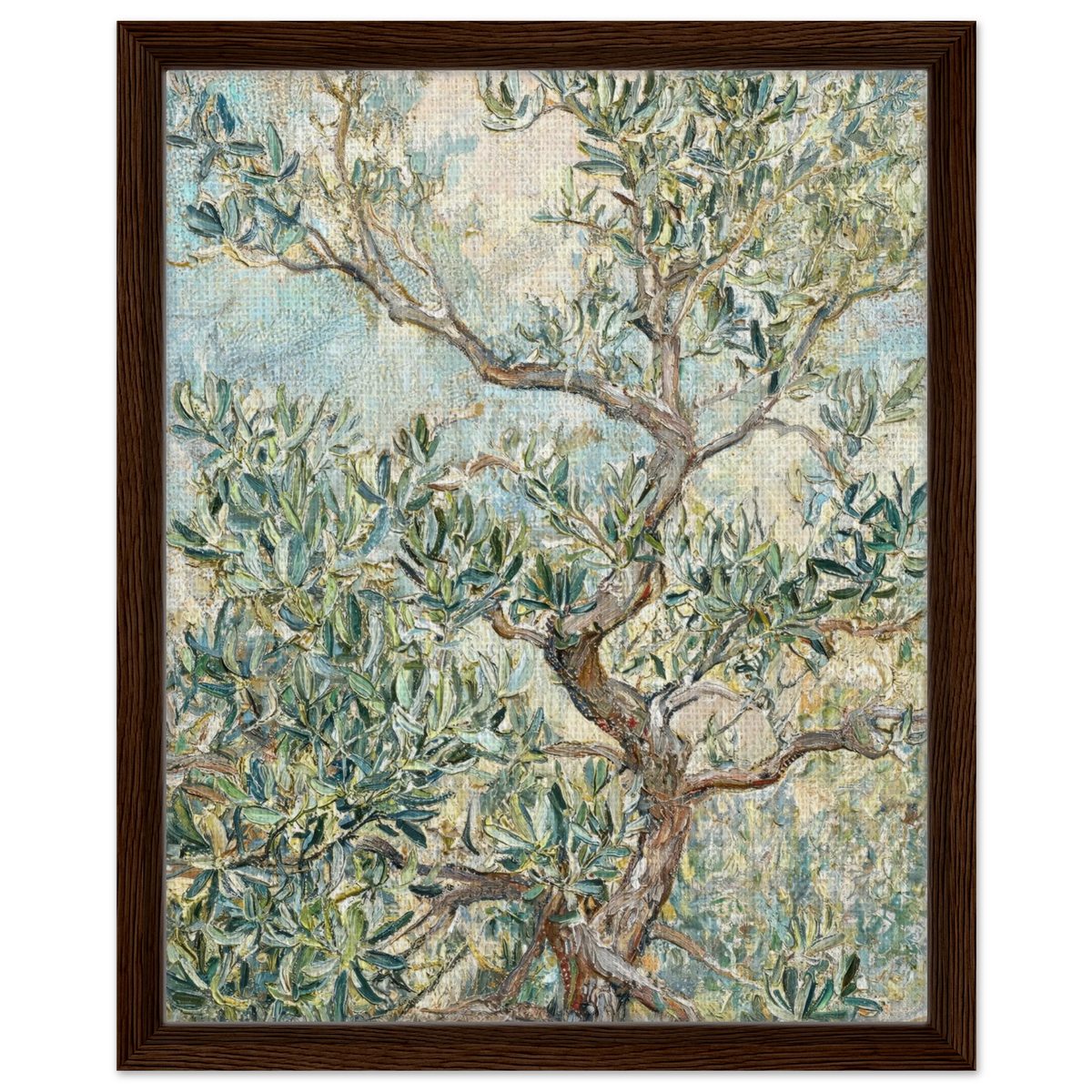 Framed canvas print of an Impressionist olive tree painting mounted in a sleek frame for a polished gallery presentation.