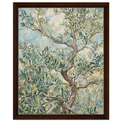 Framed canvas print of an Impressionist olive tree painting mounted in a sleek frame for a polished gallery presentation.