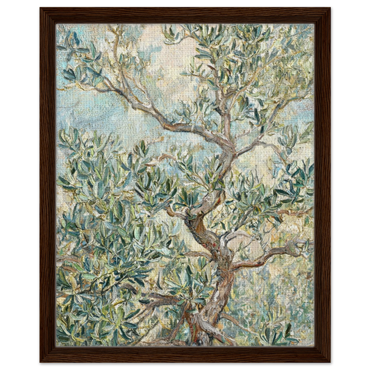 Framed canvas print of an Impressionist olive tree painting mounted in a sleek frame for a polished gallery presentation.