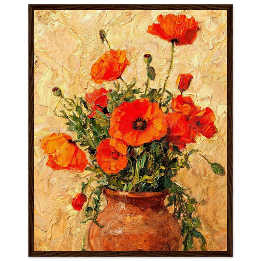 Wooden framed fine art print of an Impressionist red poppy oil painting showcasing expressive brushwork and rich earth tones.