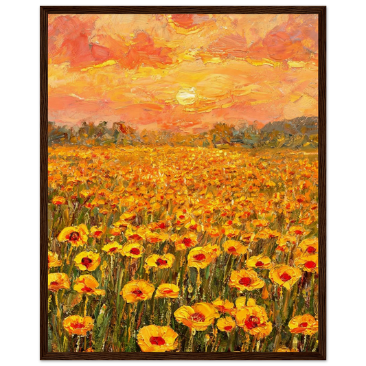 Wooden framed fine art print of an impressionist golden sunset landscape with yellow wildflowers.