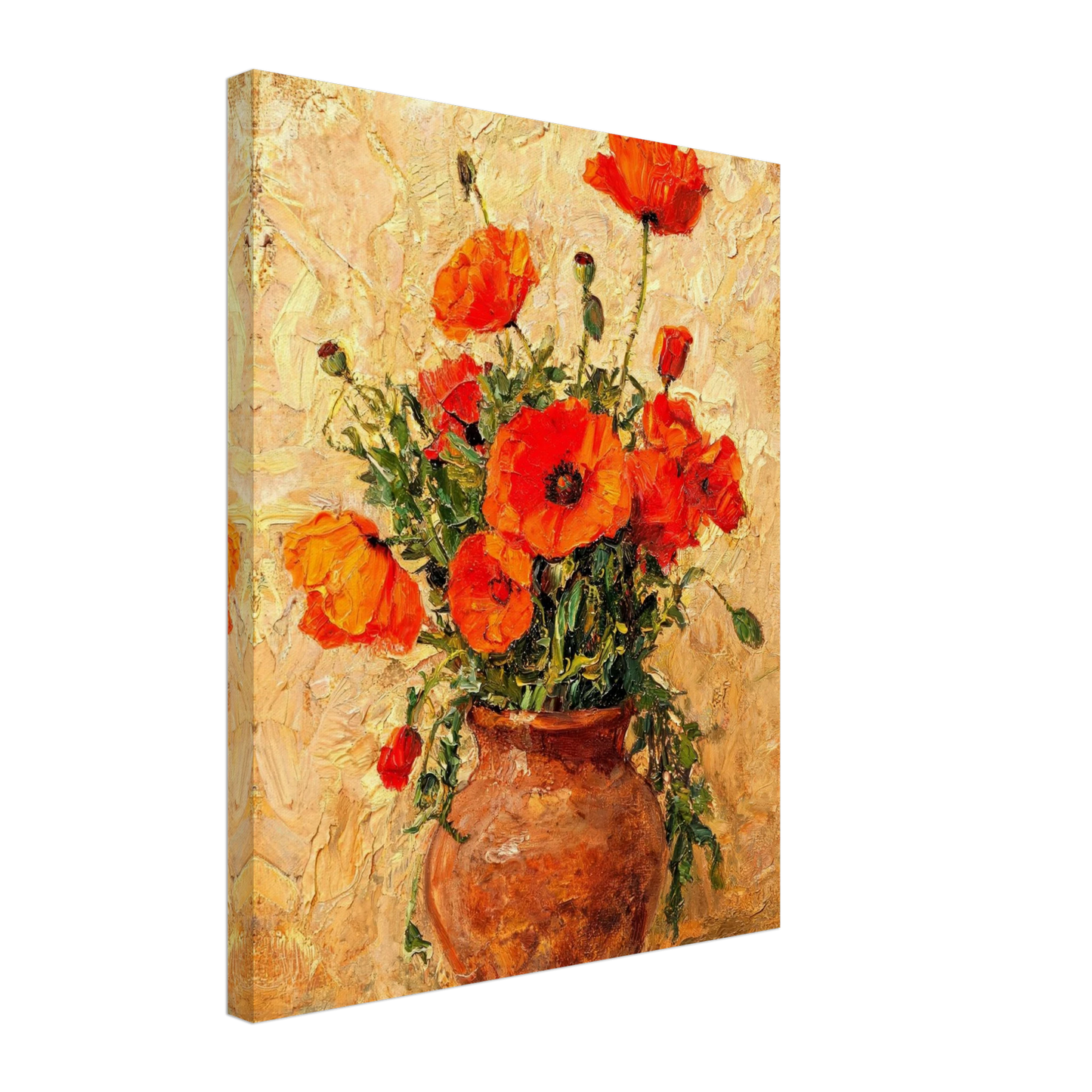 Canvas print of an Impressionist red poppy potted plant with enhanced texture for an immersive wall art experience.