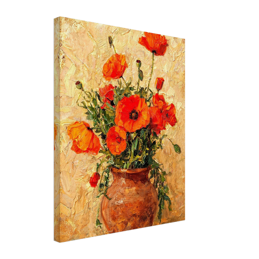 Canvas print of an Impressionist red poppy potted plant with enhanced texture for an immersive wall art experience.