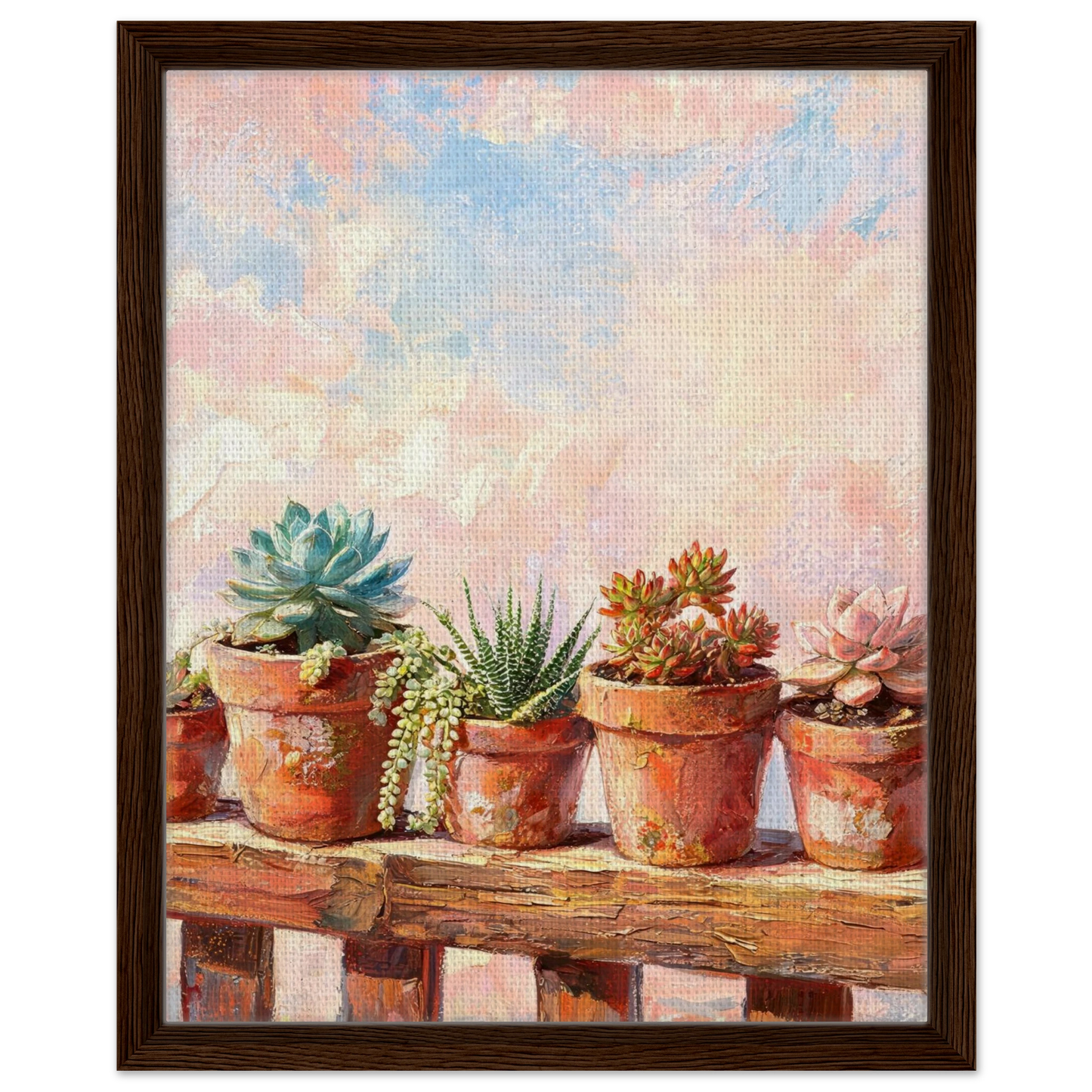 Premium framed canvas print of a charming potted succulent arrangement and pastel sky landscape.