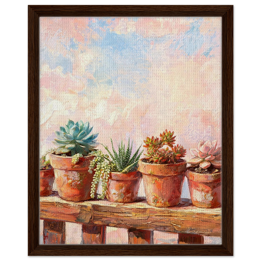 Premium framed canvas print of a charming potted succulent arrangement and pastel sky landscape.