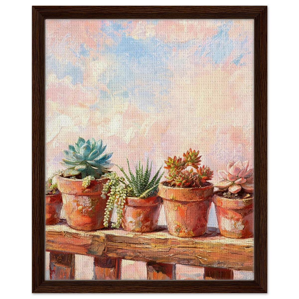 Framed Canvas Art: Potted Succulents and Pastel Sky | Modern Botanical Print