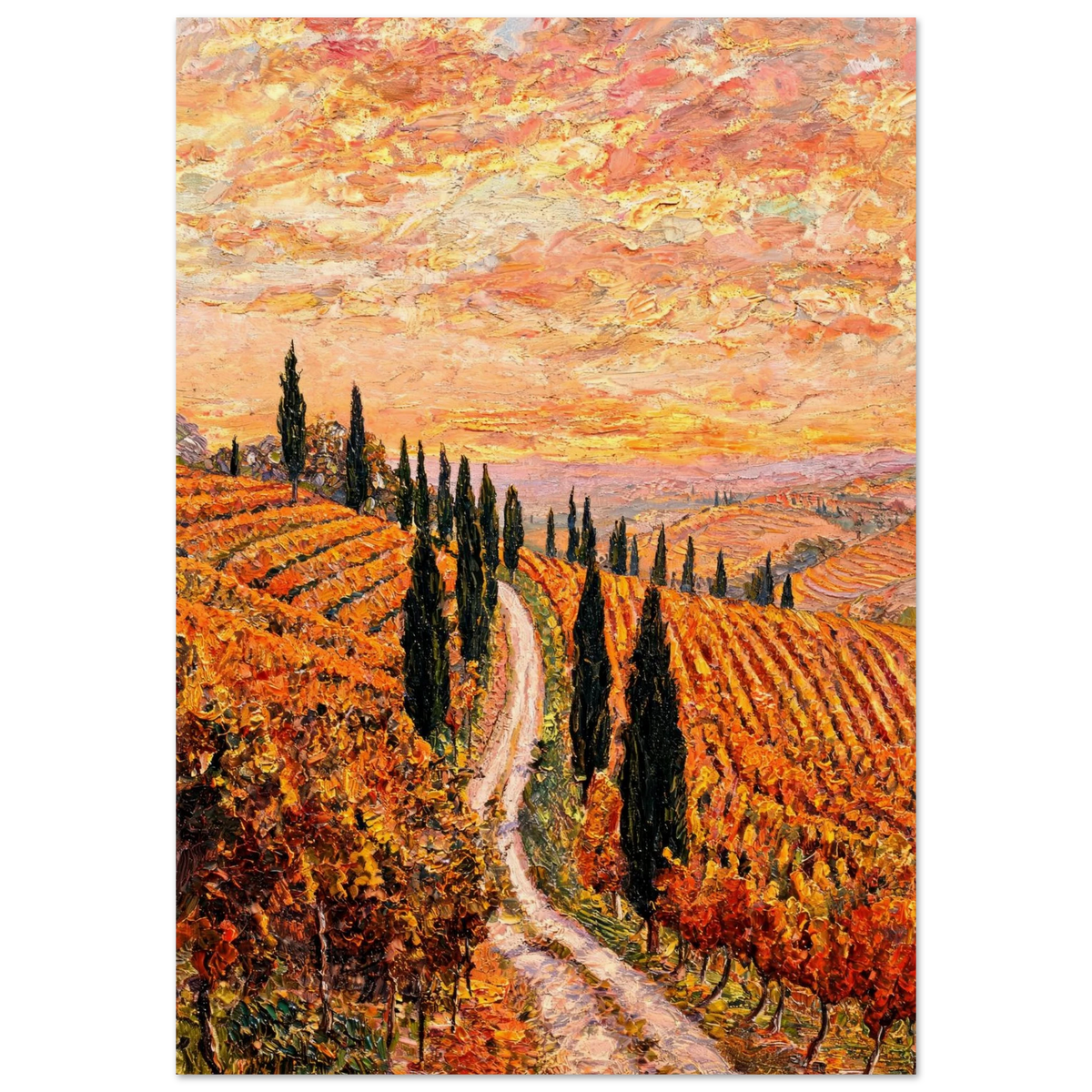 An impressionistic landscape painting of a winding dirt road through vineyard rows, lined with tall dark cypress trees under a dramatic orange and pink sky.