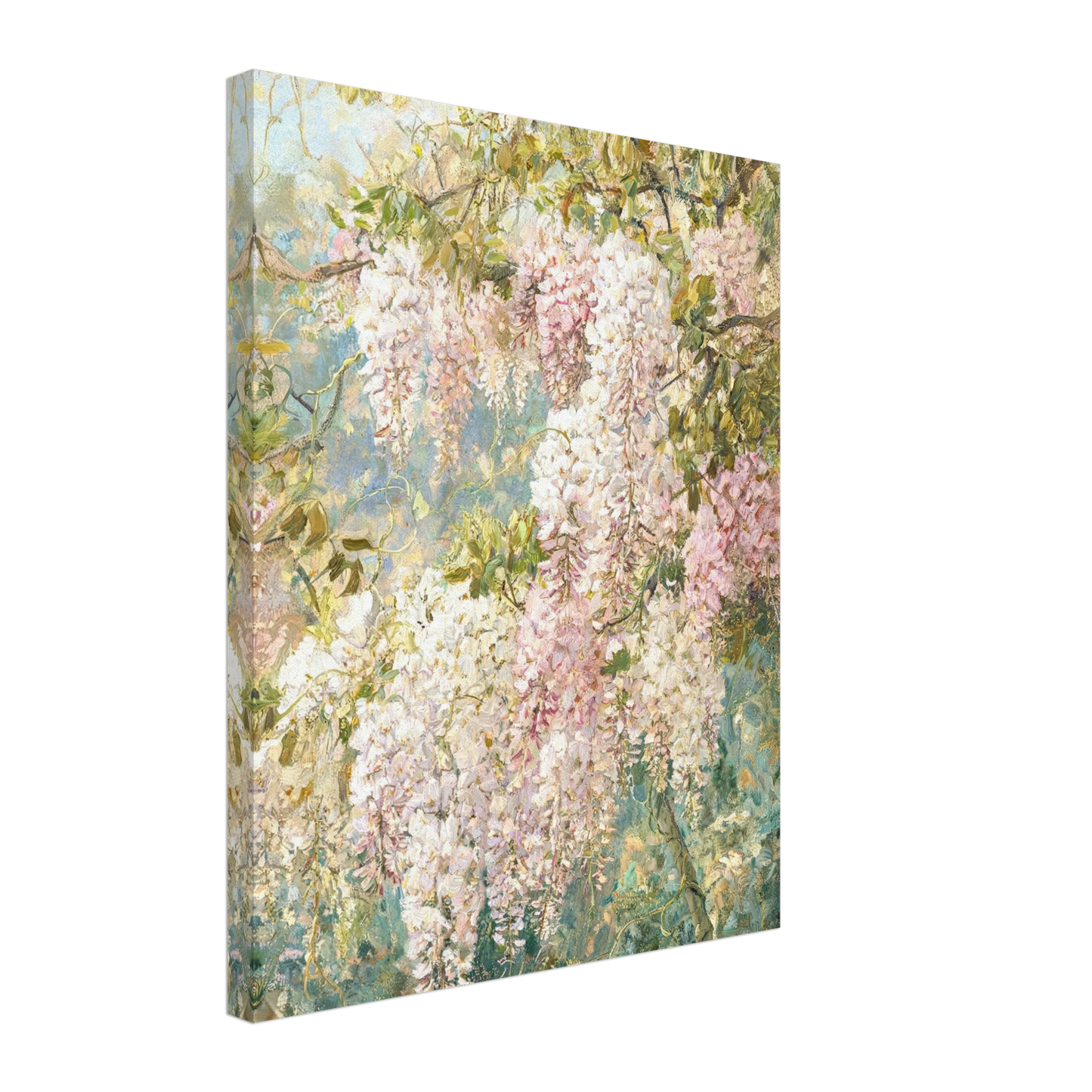 Canvas print of an Impressionist wisteria cascading floral arrangement with enhanced texture for an immersive fine art wall experience.