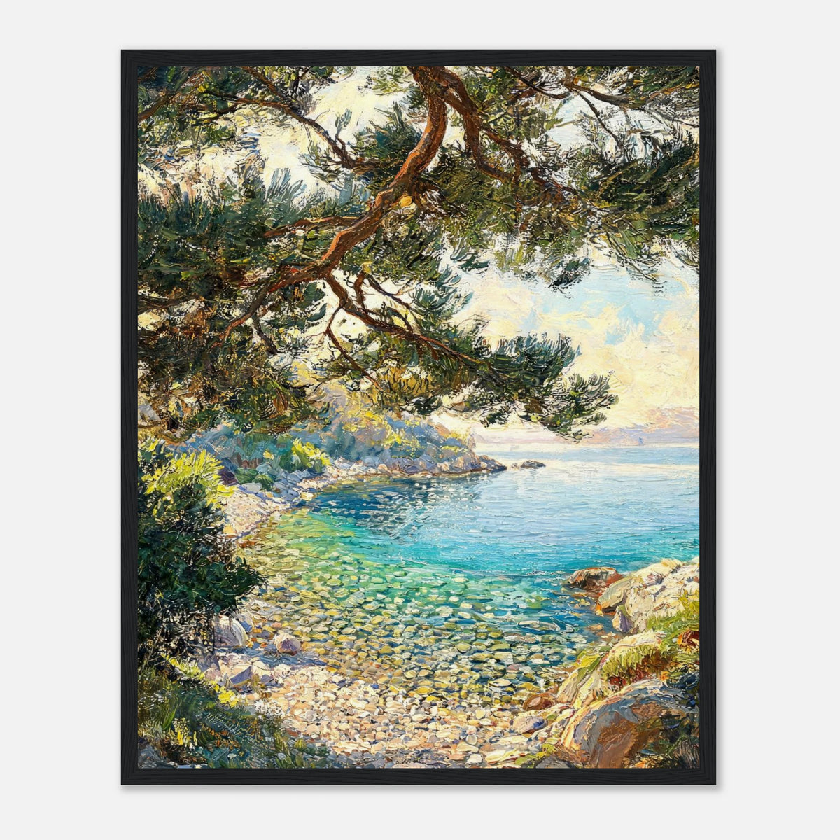 Framed Mediterranean Pine & Coastline Art Print | Vintage Seascape Wall Decor