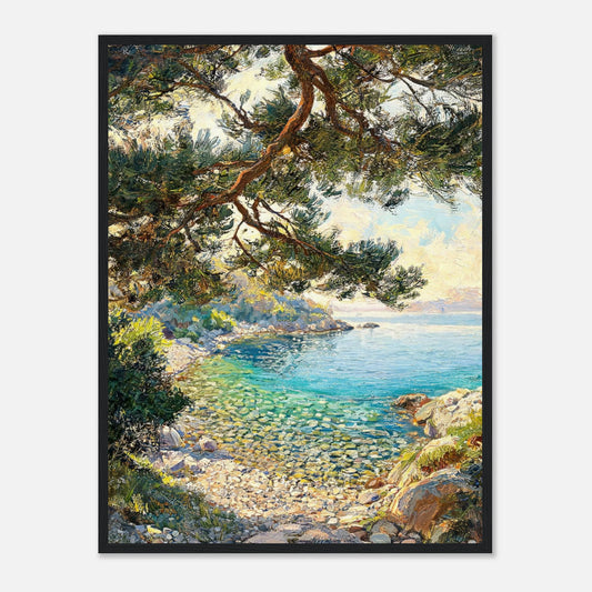 Impressionist oil painting print from Vintstep depicting a secluded pebble beach cove with clear turquoise sea water under the shade of a large pine tree.