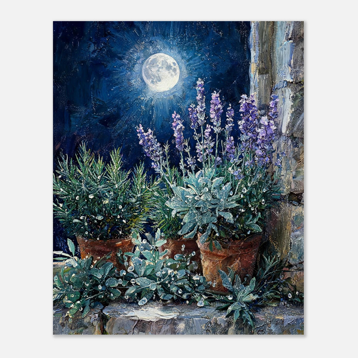 Moonlit Potted Lavender by Stone Window Impressionist Art Print