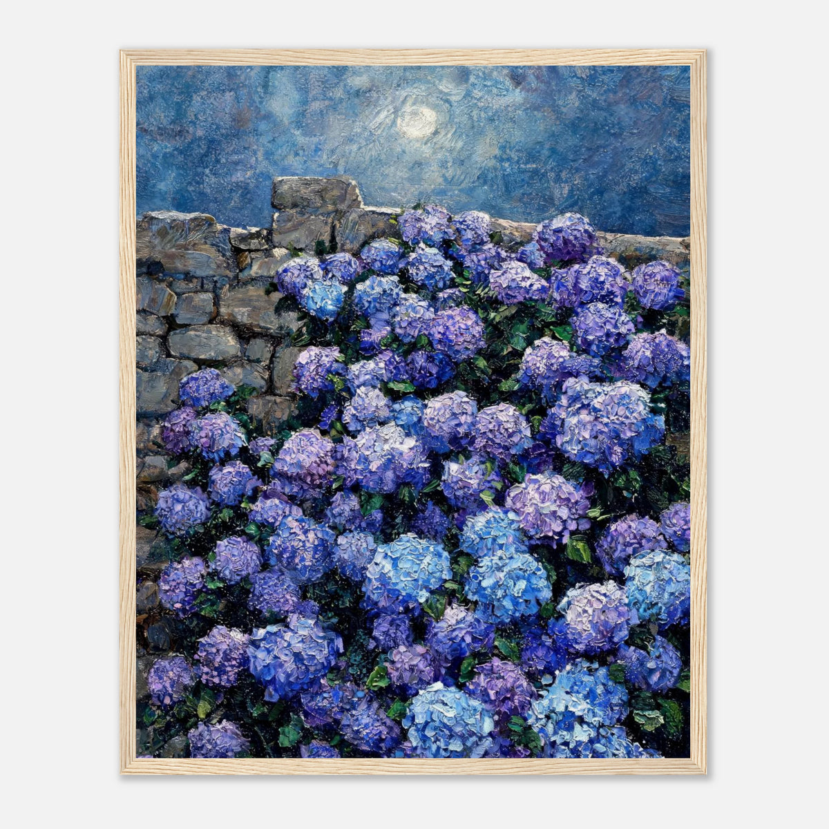 Moonlit Blue Hydrangeas by Stone Wall Impressionist Art Print