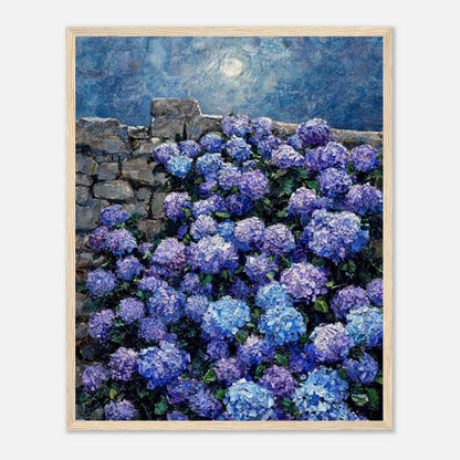 Moonlit Blue Hydrangeas by Stone Wall Impressionist Art Print