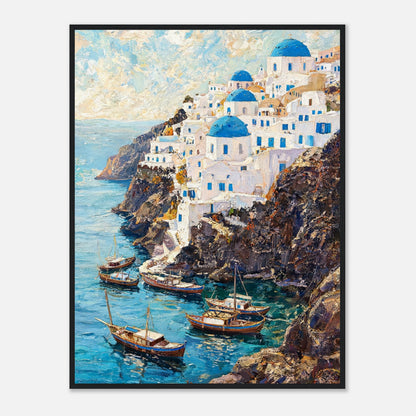 Santorini Cliffside Village & Boats Impressionist Art Print