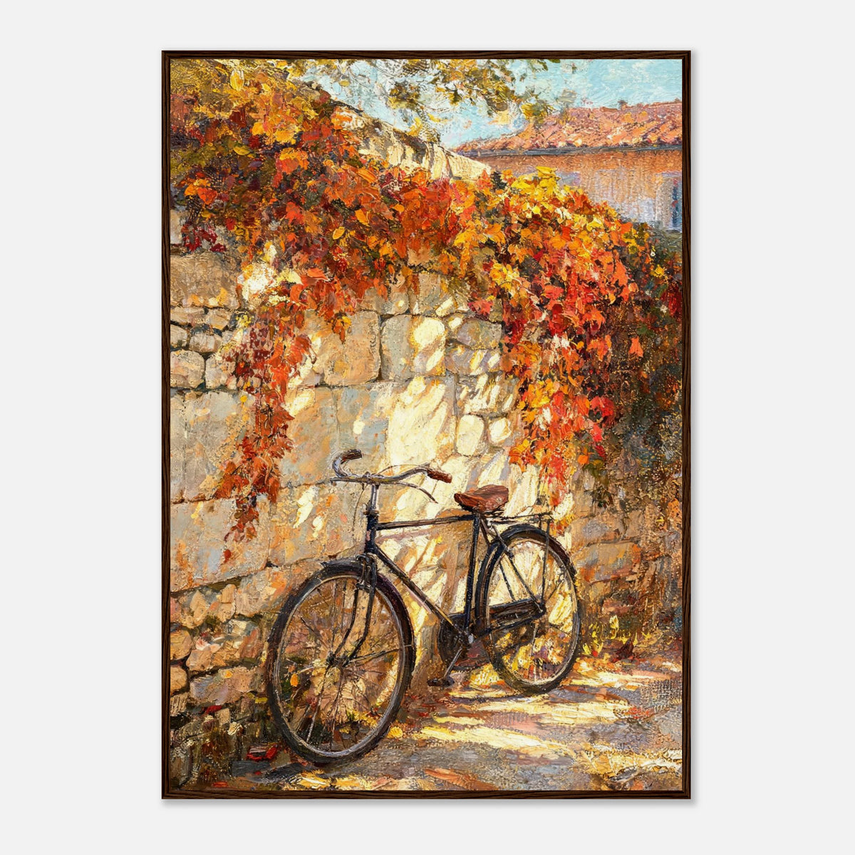Autumn Vintage Bicycle Stone Wall Impressionist Art Print