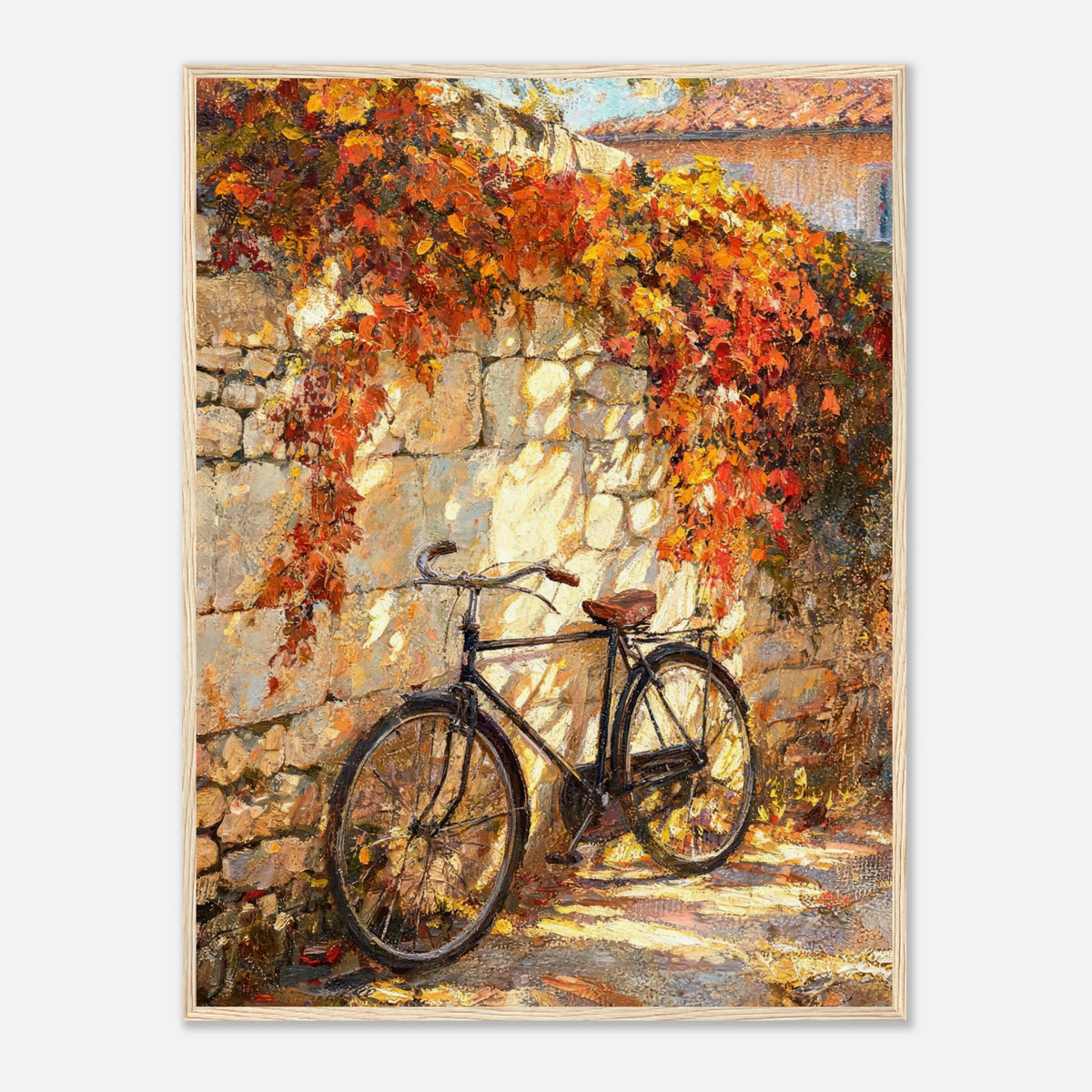 Autumn Vintage Bicycle Stone Wall Impressionist Art Print