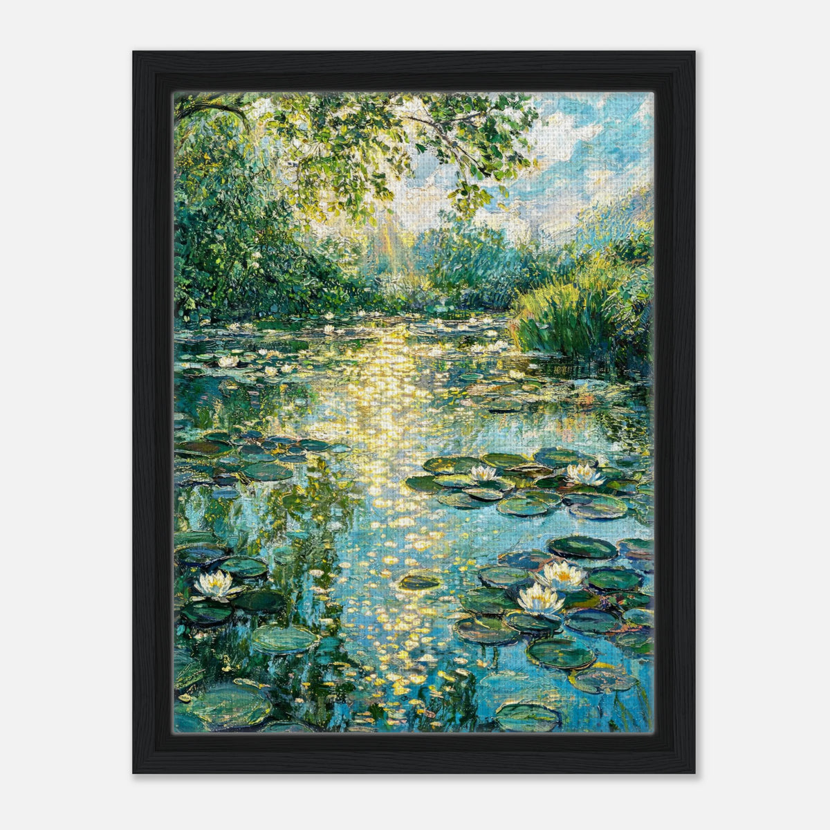 Sunlit Water Lilies & Shimmering Pond Impressionist Art Print
