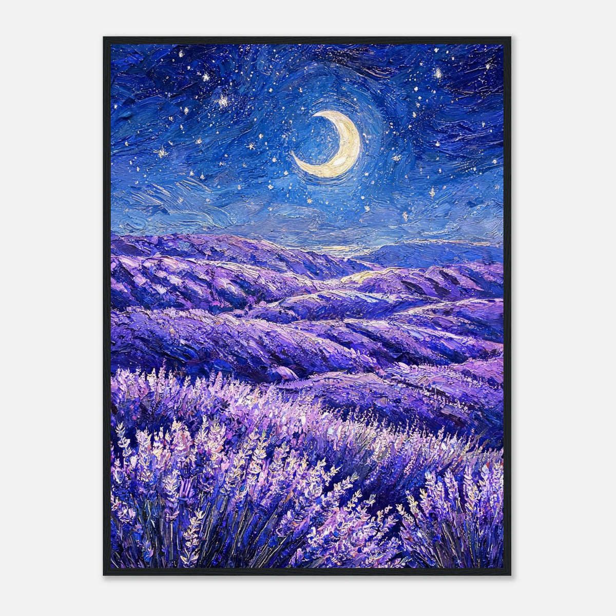 Moonlit Lavender Field at Night Impressionist Art Print