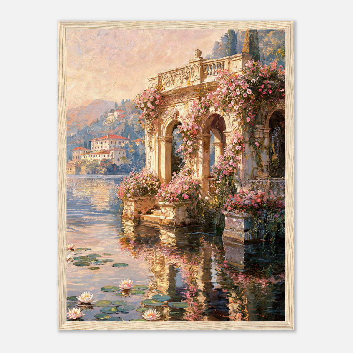 Sunlit Lakeside Villa & Roses Impressionist Art Print