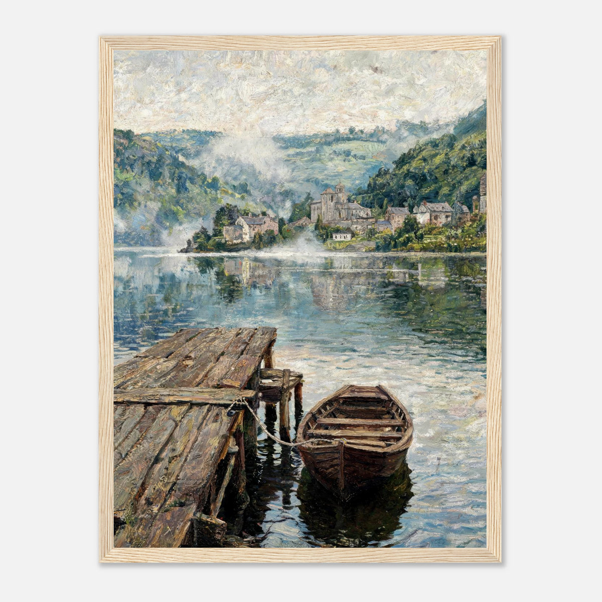 Misty Mountain Lake Wooden Boat Impressionist Art Print