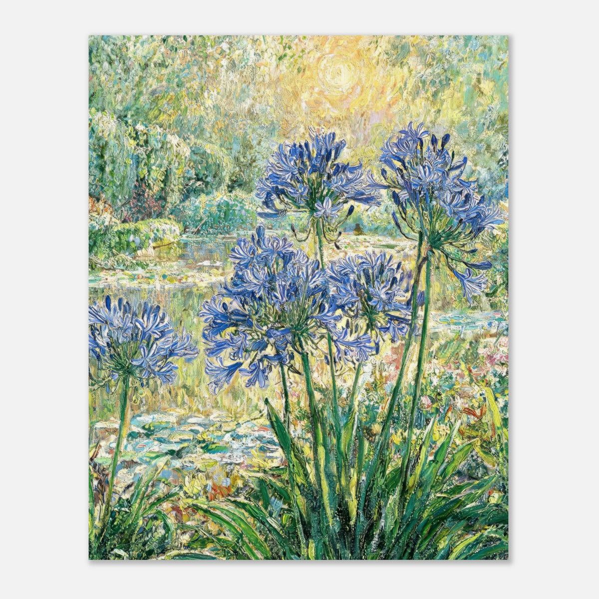 Blue Agapanthus & Sunlit Garden Impressionist Art Print