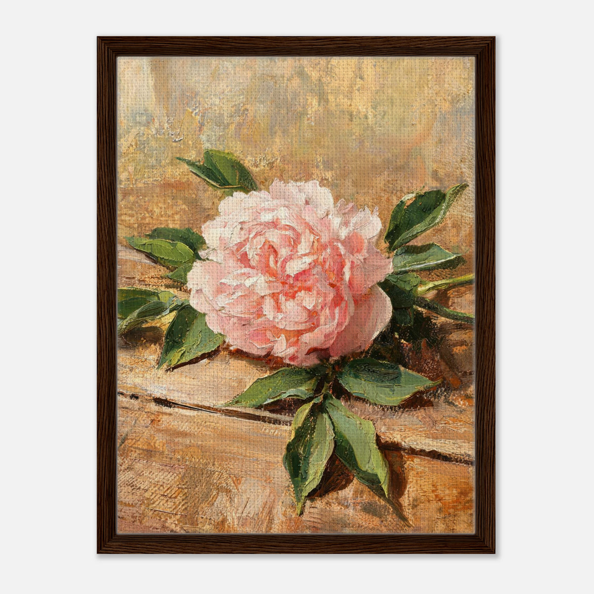Single Pink Peony on Rustic Wood Impressionist Art Print