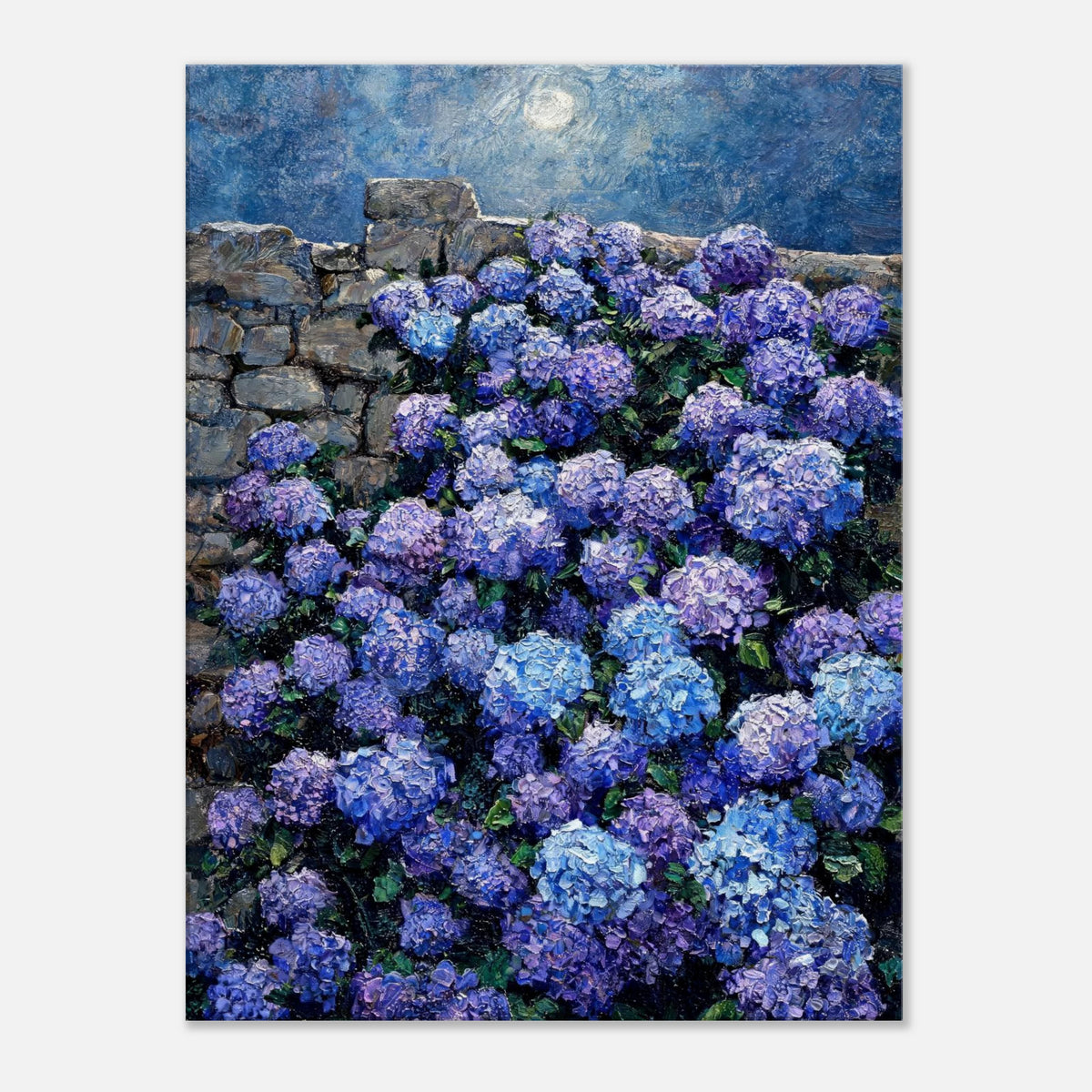 Moonlit Blue Hydrangeas by Stone Wall Impressionist Art Print