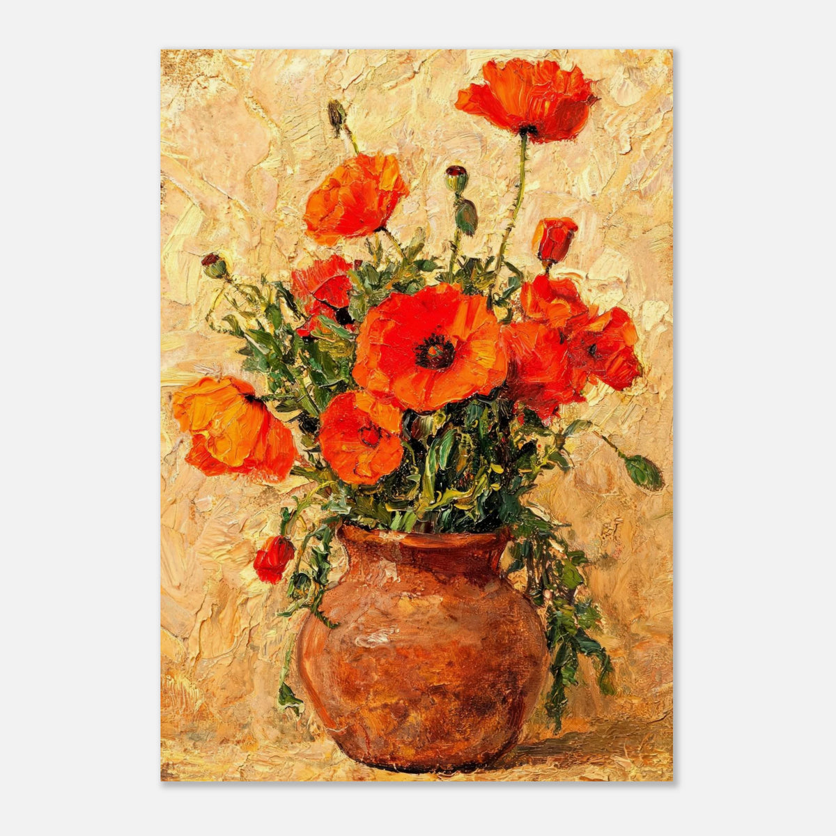 Vibrant Red Poppies in Terracotta Vase Impressionist Art Print