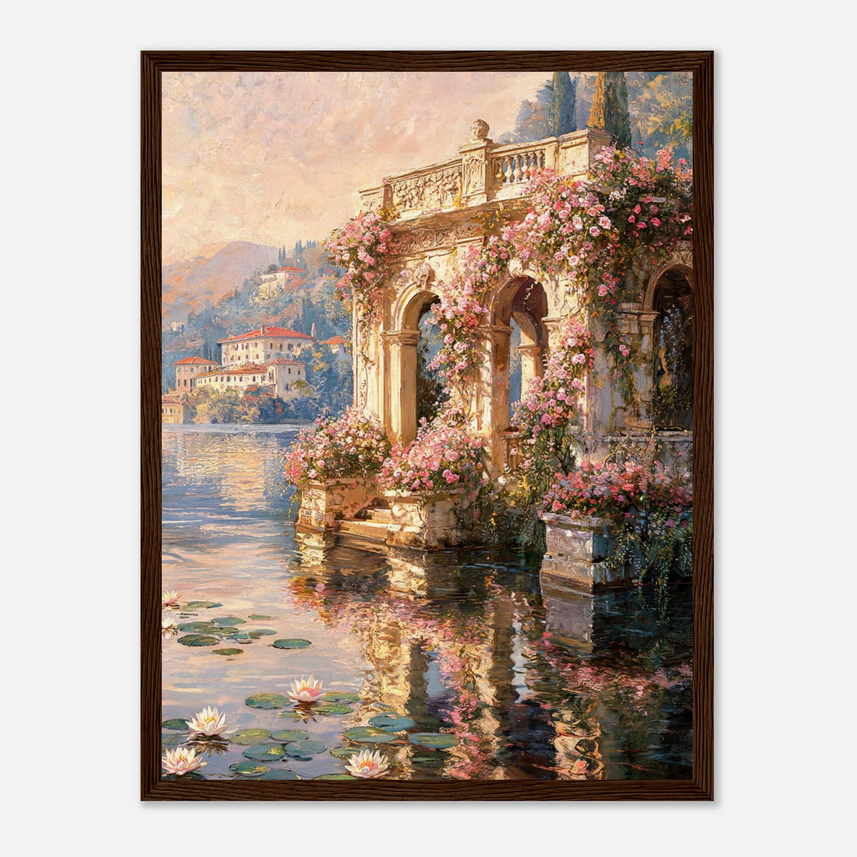 Sunlit Lakeside Villa & Roses Impressionist Art Print