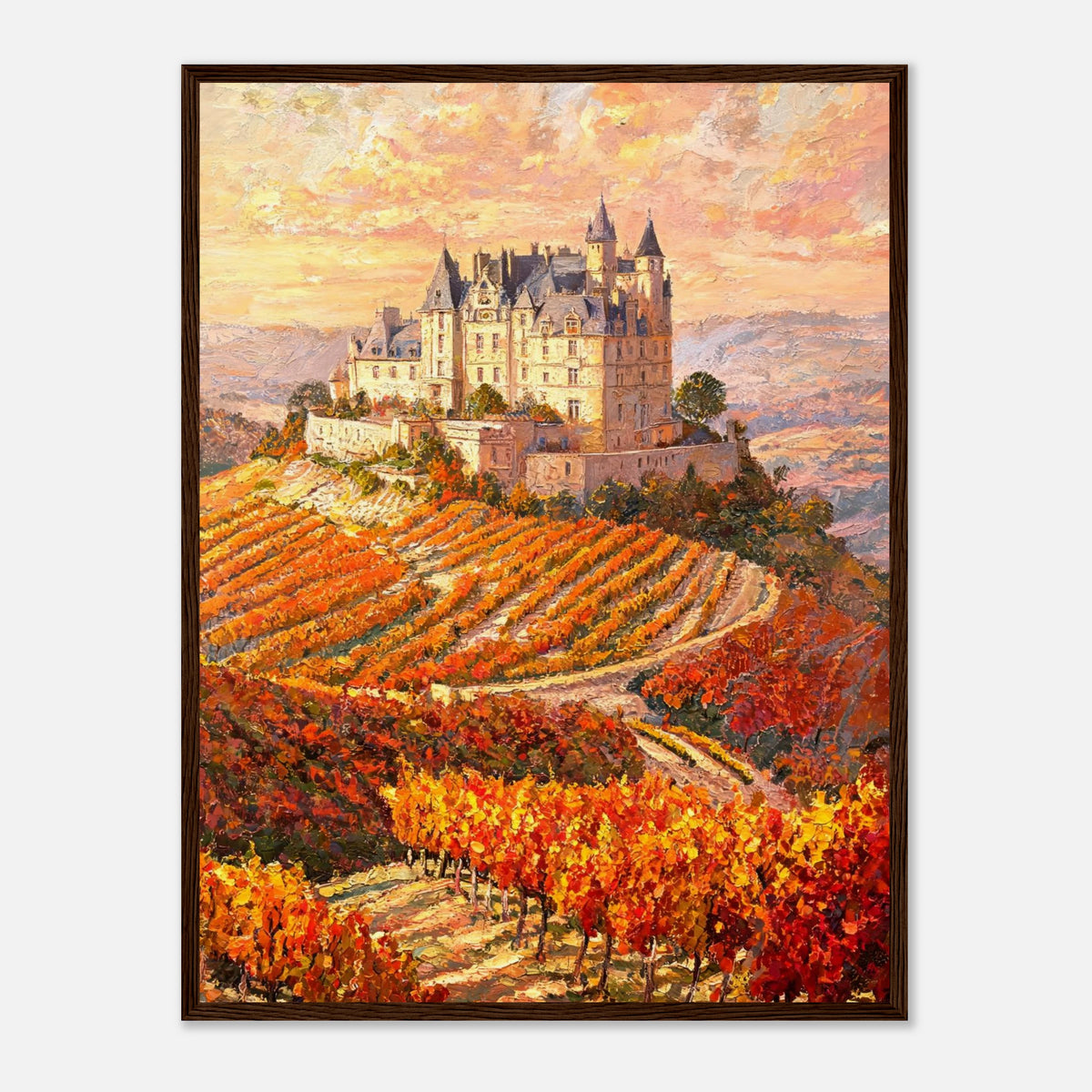 Impressionist oil painting print from Vintstep depicting a majestic French castle atop rolling autumn vineyards under a glowing sunset sky with rich impasto textures.