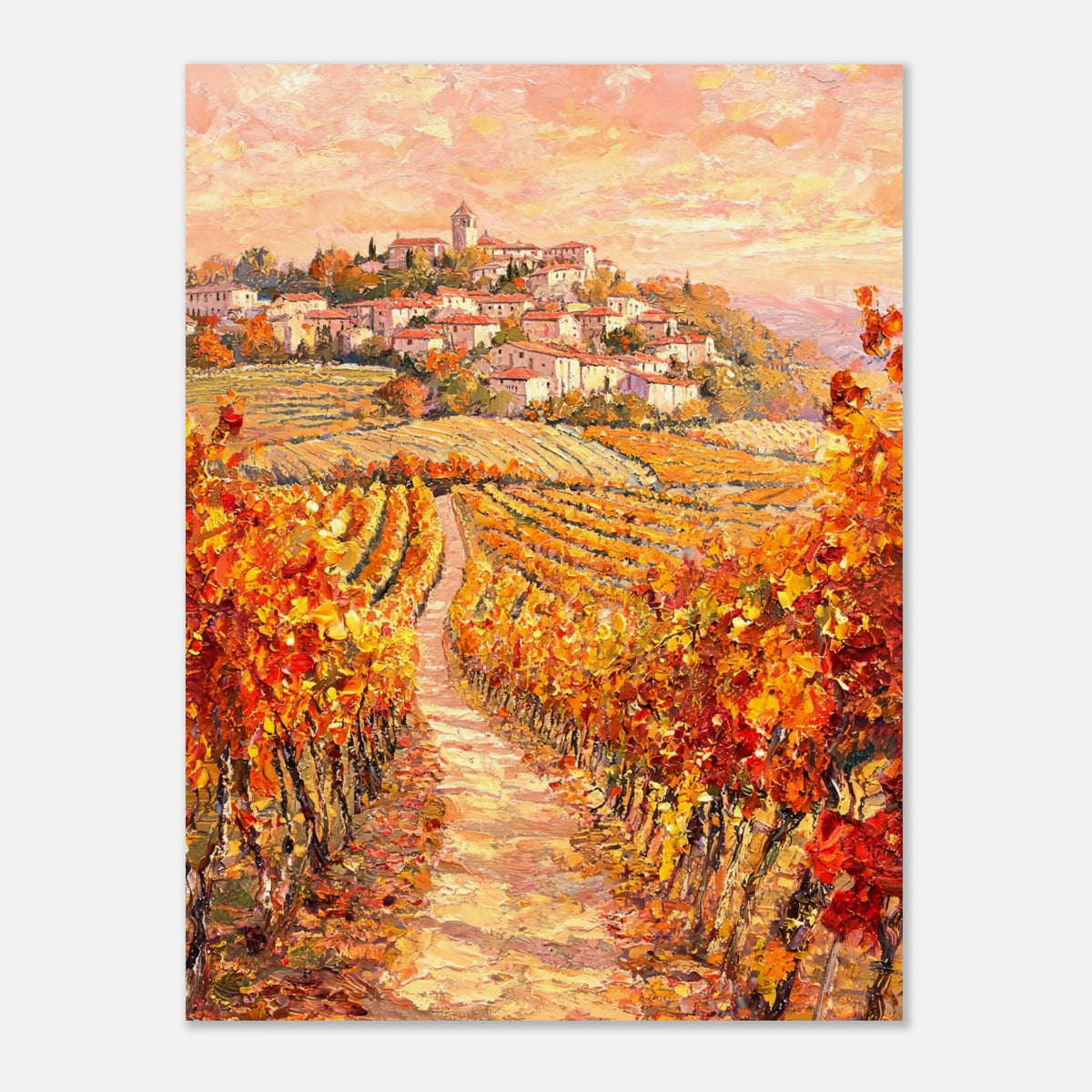 Autumn Vineyard Path Hilltop Village Impressionist Art Print