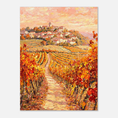 Autumn Vineyard Path Hilltop Village Impressionist Art Print