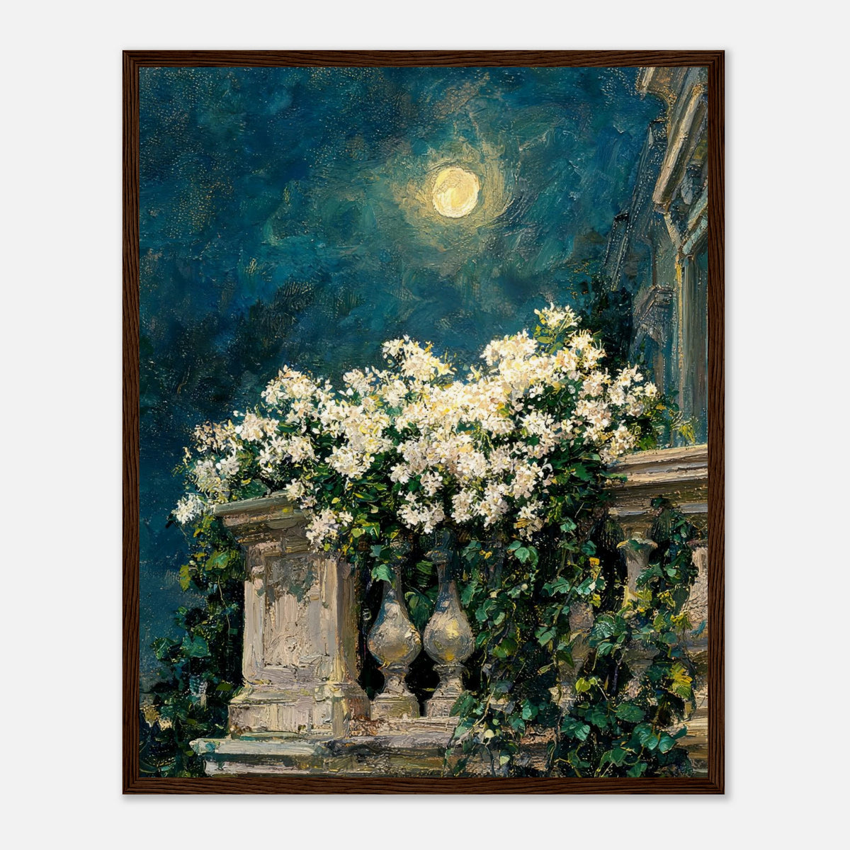 Moonlit White Blossoms Balcony Impressionist Art Print
