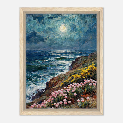 Moonlit Coastal Cliff Flowers Impressionist Art Print