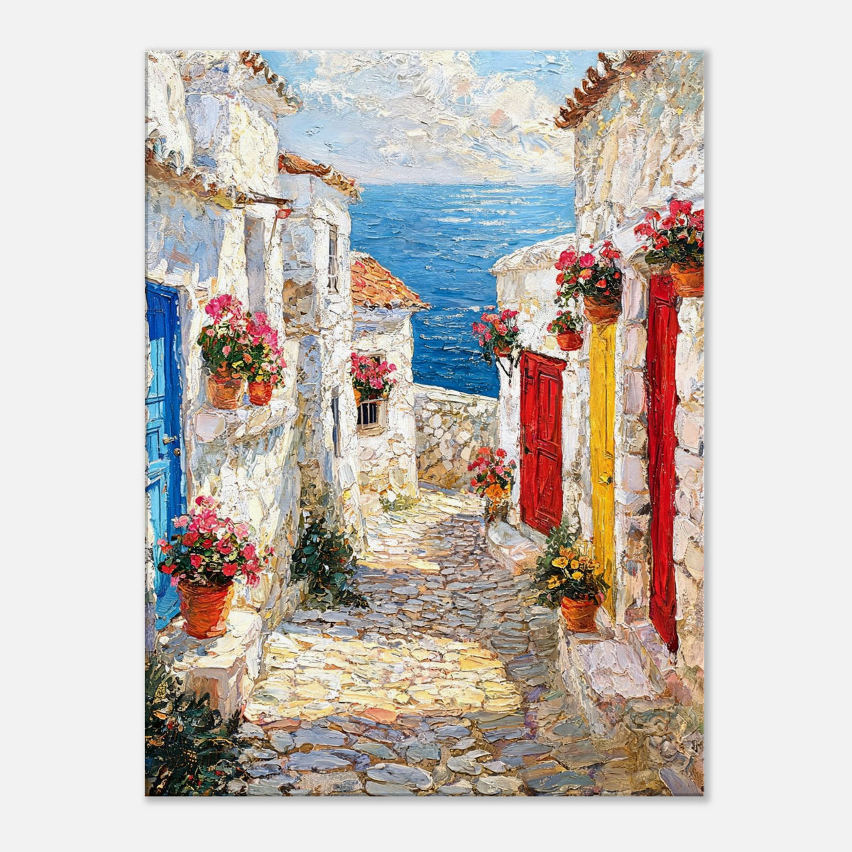 Mediterranean Coastal Village Alley Sea View Impressionist Art Print