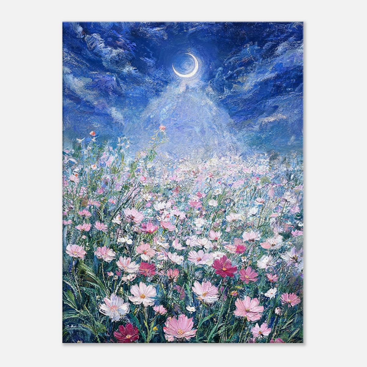 Moonlit Wild Cosmos Field Impressionist Art Print