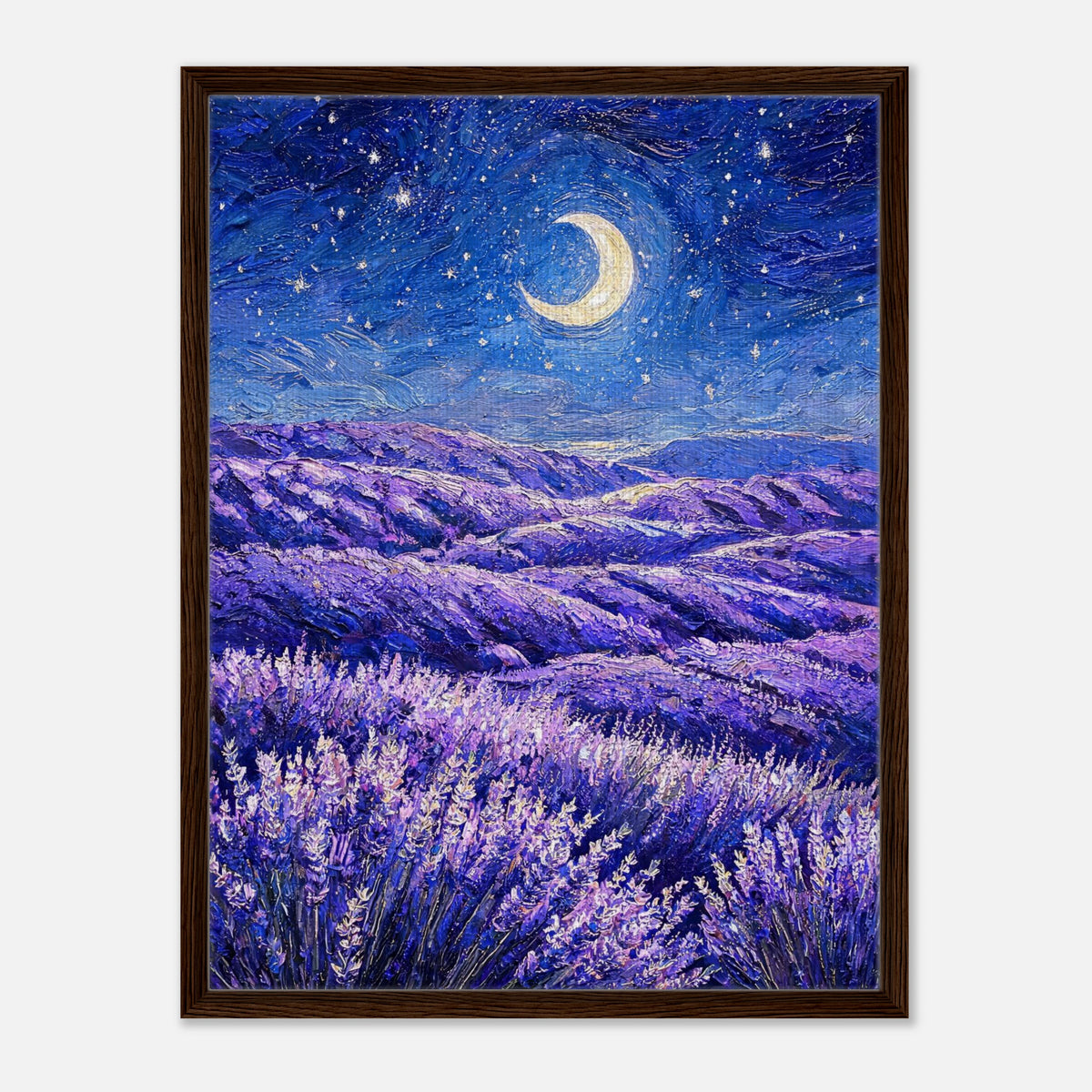 Moonlit Lavender Field at Night Impressionist Art Print