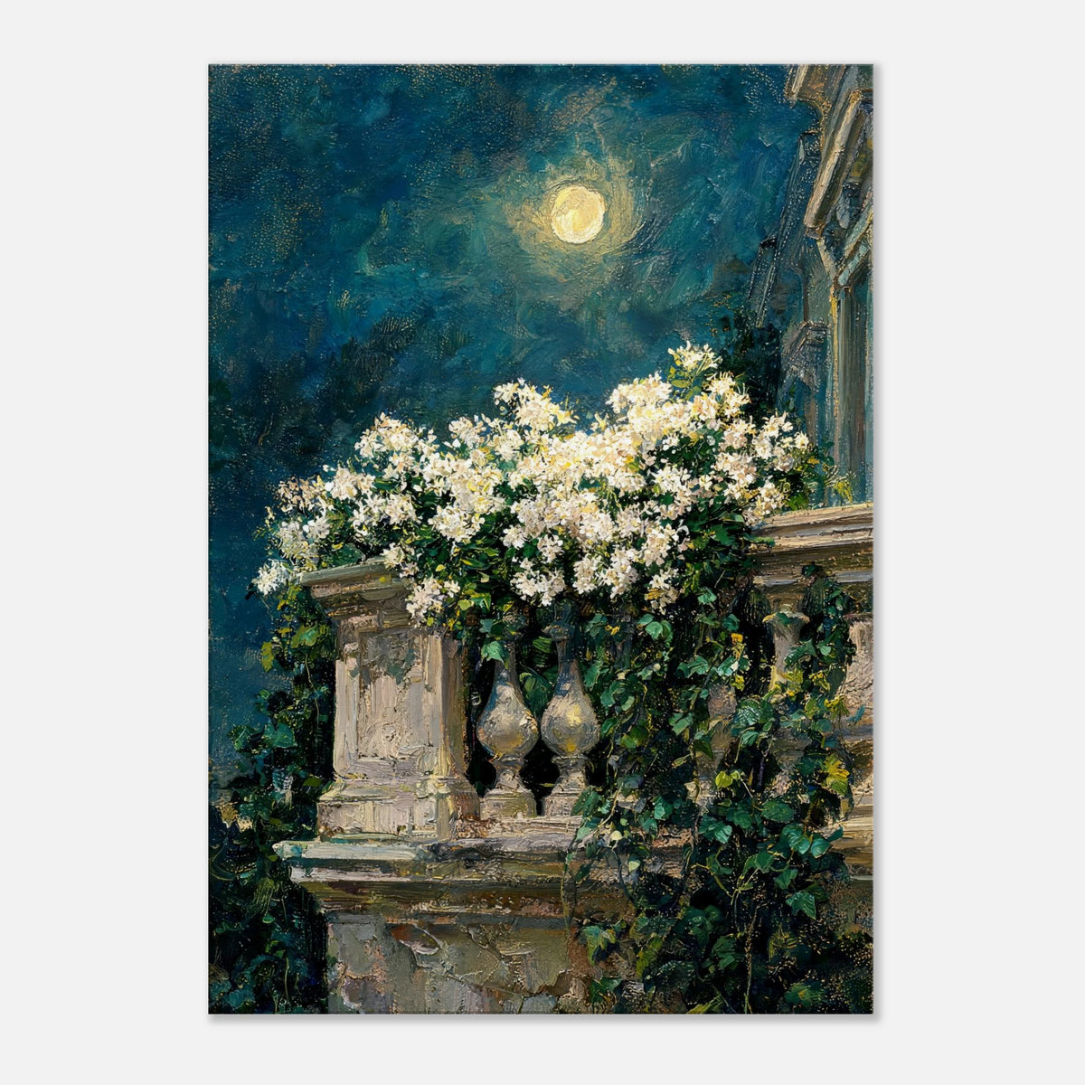 Moonlit White Blossoms Balcony Impressionist Art Print