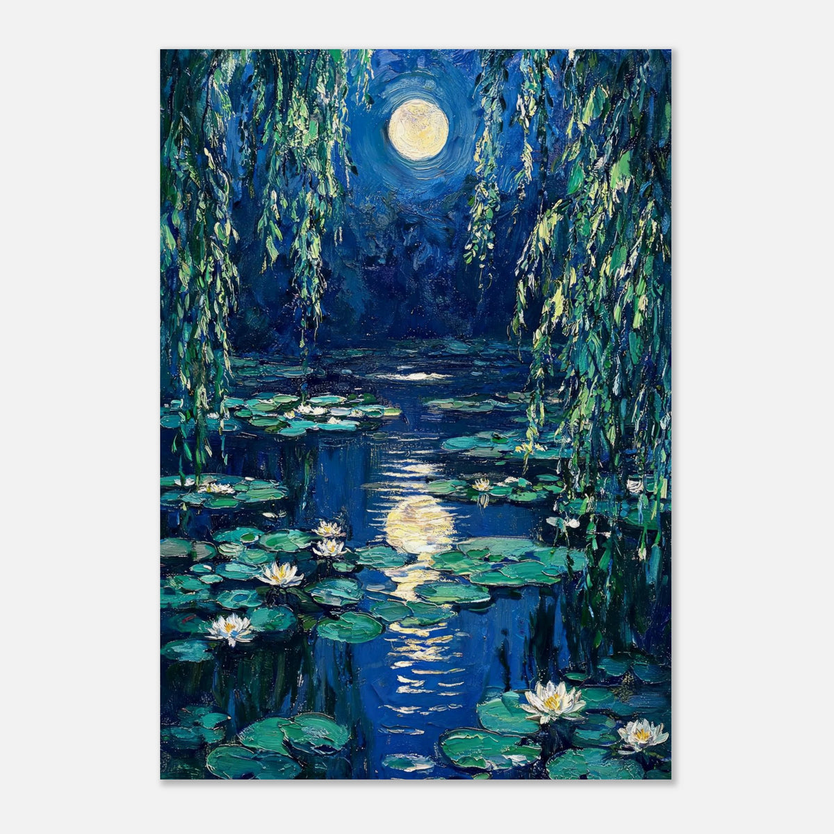 Moonlit Water Lilies Pond Impressionist Art Print