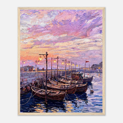 Coastal Harbor Twilight Wooden Boats Impressionist Art Print
