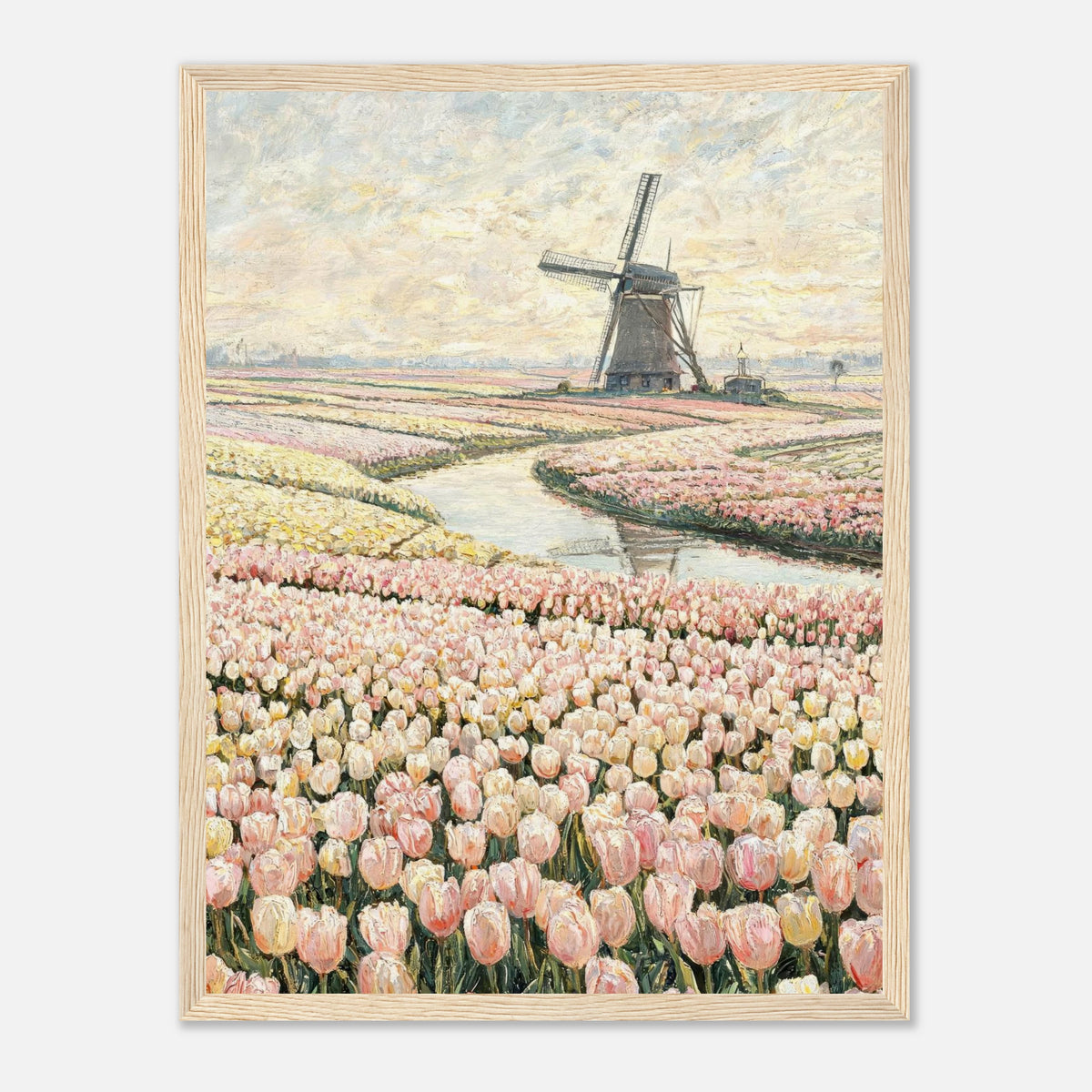 Dutch Tulip Fields & Windmill Impressionist Art Print
