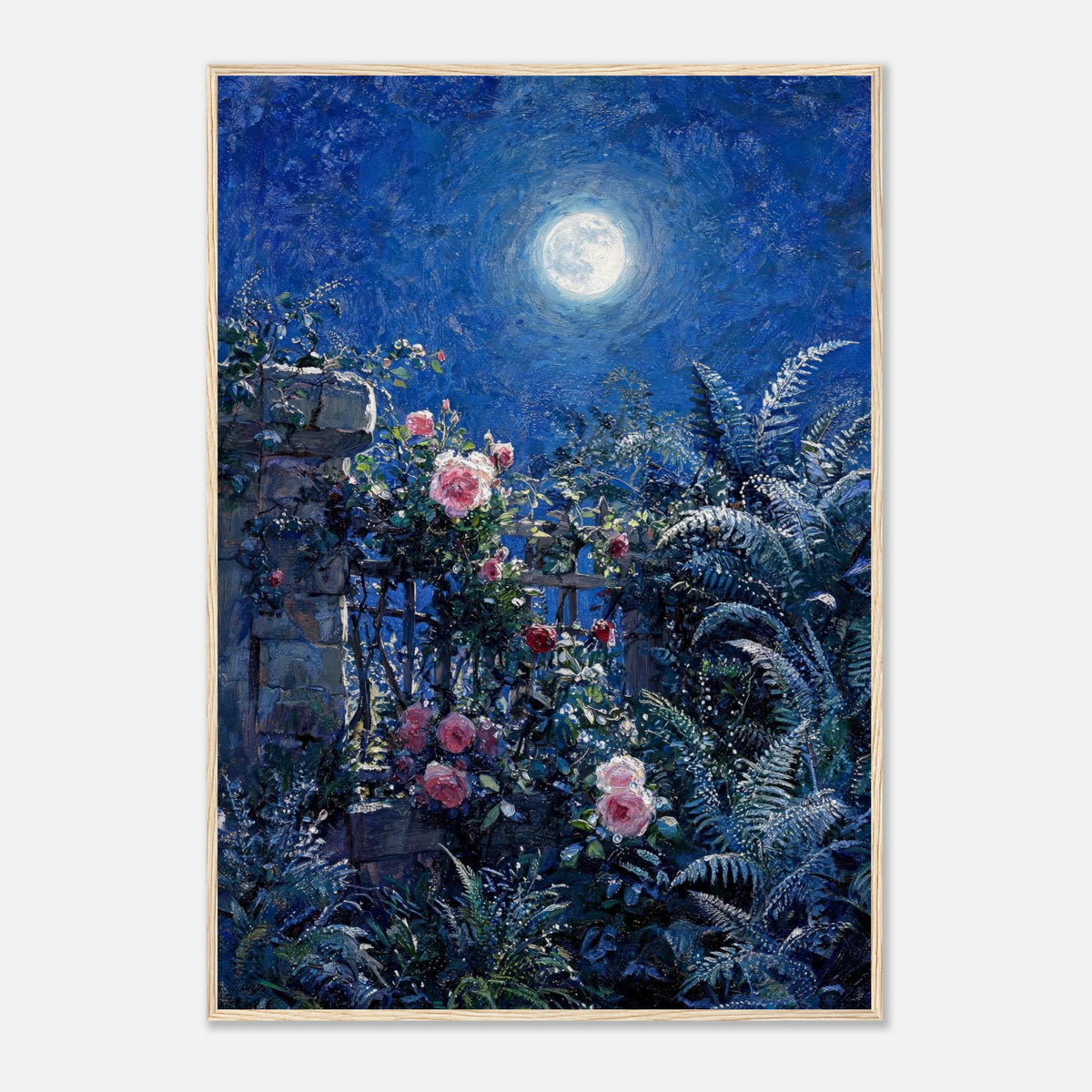 Moonlit Rose Garden and Stone Wall Impressionist Art Print